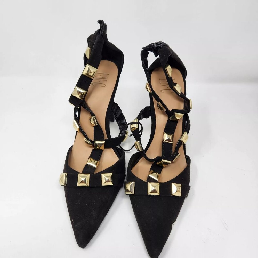 INC black velvet heels gold studs 4.5" dressy shoes 10M